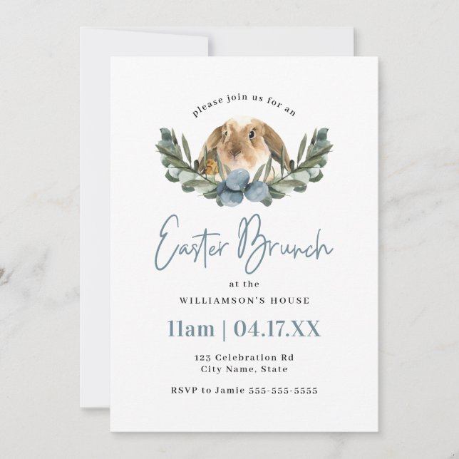 Niedliches Aquarellbad Bunny & Chic Osterbrunch Bl Einladung (Vorderseite)