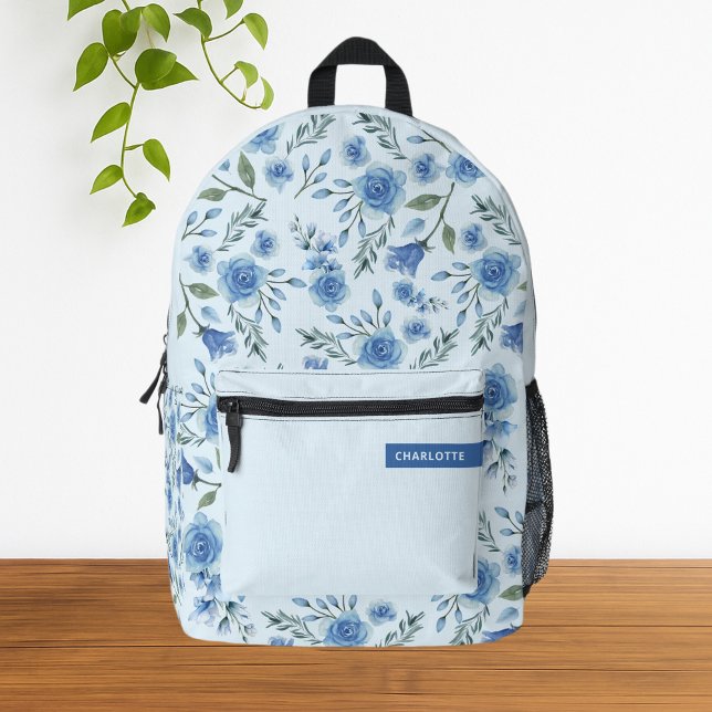 Niedliches Aquarellblau-Blumenmuster Bedruckter Rucksack (Cute Blue Girly Watercolor Floral Backpack)