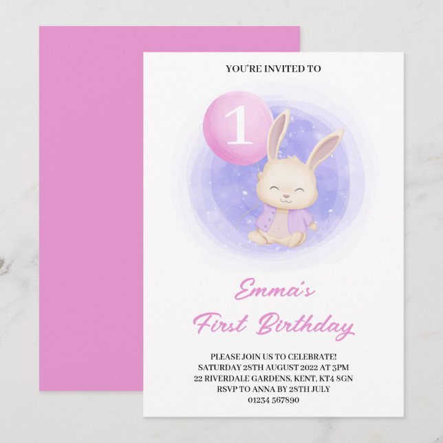 Niedliches Aquarellbunny 1. Geburtstag Party Einladung (Vorne/Hinten)