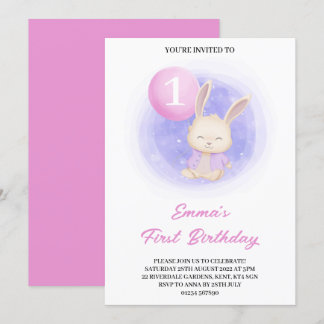 Niedliches Aquarellbunny 1. Geburtstag Party Einladung