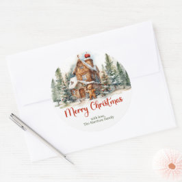 Niedliches Aquarellhaus Winterwald Runder Aufkleber