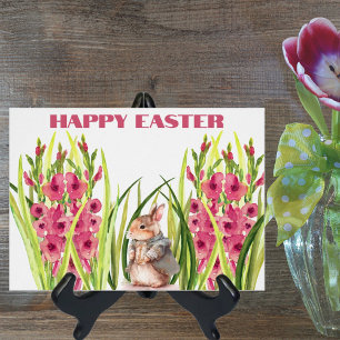 Niedliches Aquarellkaninchen unter Gladiolus-Blume