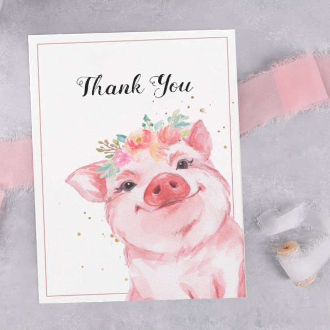 Niedliches Aquarellschwein Vielen Dank Karte (A thank you card decorated with an adorable watercolor pig.)