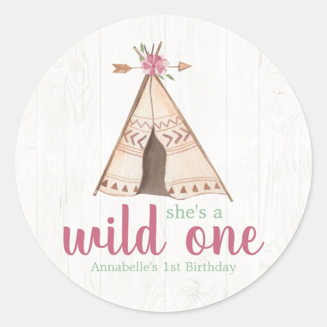 Niedliches Aquarellteepee Boho 1. Geburtstag Runder Aufkleber (Vorderseite)