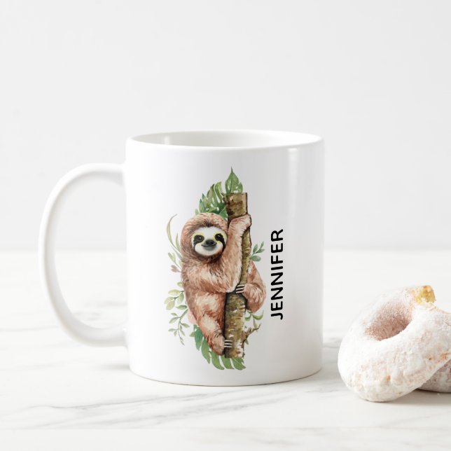 Niedliches Aquarellwasser und tropische Blätter Kaffeetasse (Mit Donut)