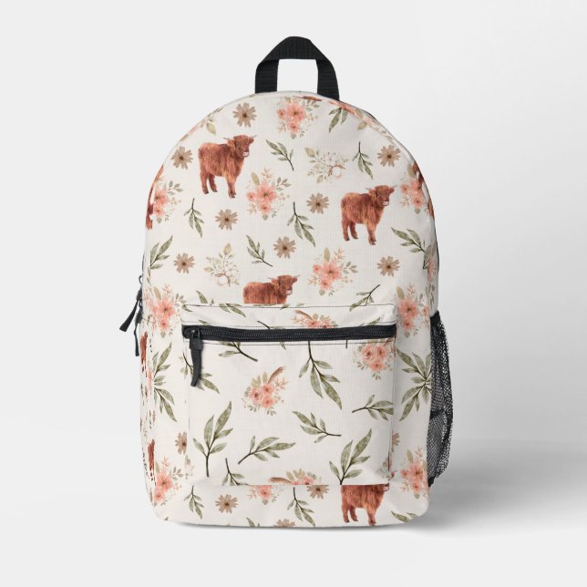 Niedliches Ästhetisches Hochlandkuhblumenmuster Bedruckter Rucksack (Vorderseite)
