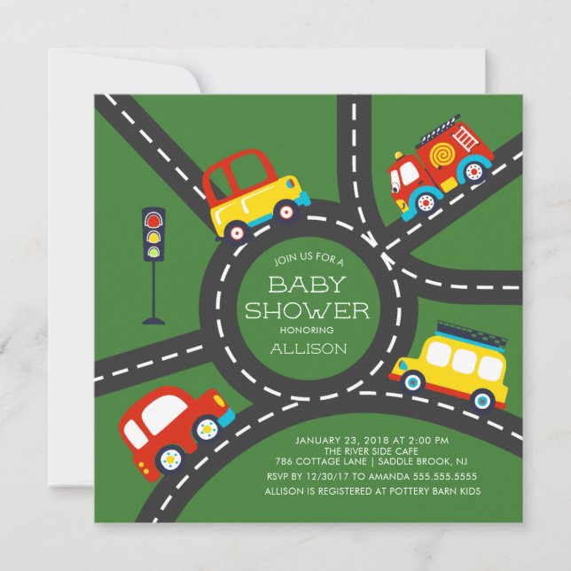 Niedliches Auto Roadway Boys Kinderdusche Einladun Einladung (Vorderseite)