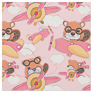 Niedliches Baby Animal Flying Pink Flugzeug auf Ro Stoff