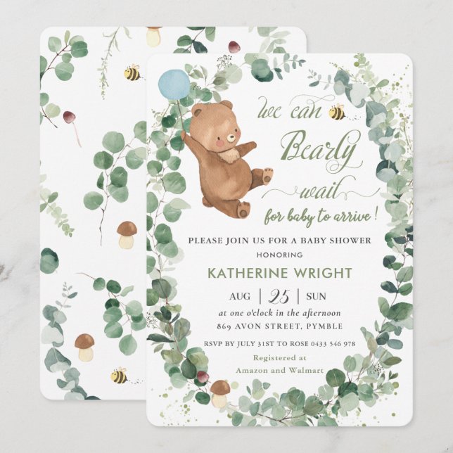 Niedliches Baby Bear Greenery Boy Baby Dusche Einl Einladung (Vorne/Hinten)