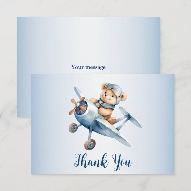 Niedliches Baby Bear Pilot Blue Flugzeug Schöne Dankeskarte (Vorne/Hinten)