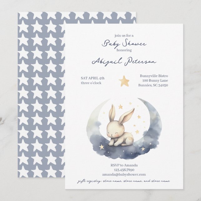 Niedliches Baby Bunny auf dem Mond mit Stars Baby  Einladung (Vorne/Hinten)