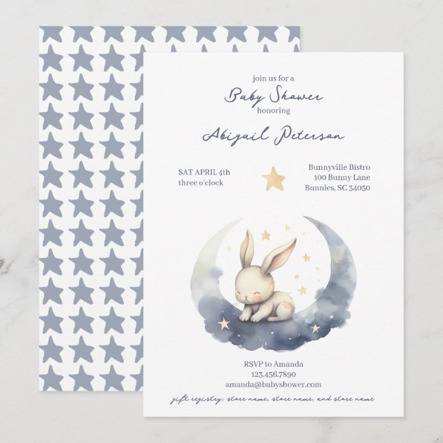 Niedliches Baby Bunny auf dem Mond mit Stars Baby  Einladung (Vorne/Hinten)