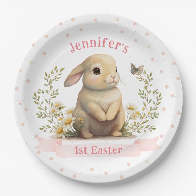 Niedliches Baby Bunny mit Butterfly 1. Osterfest P Pappteller (Vorderseite)
