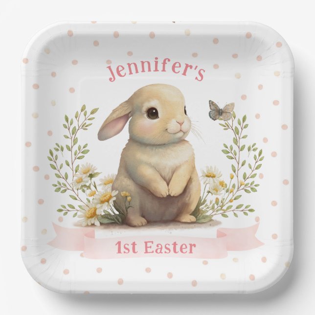 Niedliches Baby Bunny mit Butterfly 1. Osterfest P Pappteller (Vorderseite)