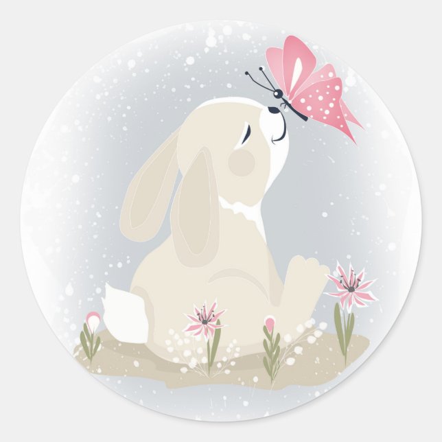 Niedliches Baby Bunny und Schmetterling. Runder Aufkleber (Vorderseite)