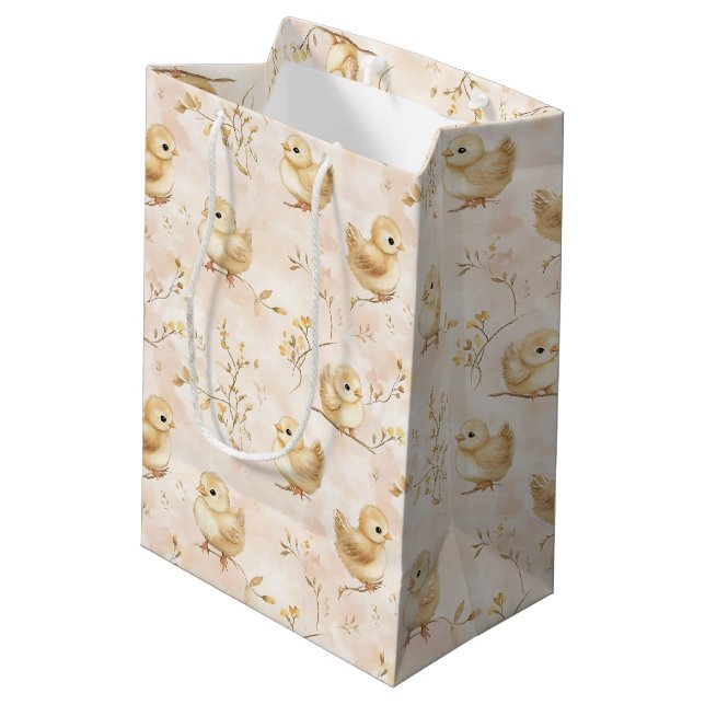 Niedliches Baby Chicks Pink Wasserfarbmuster Mittlere Geschenktüte (Rückseite Schrägansicht)