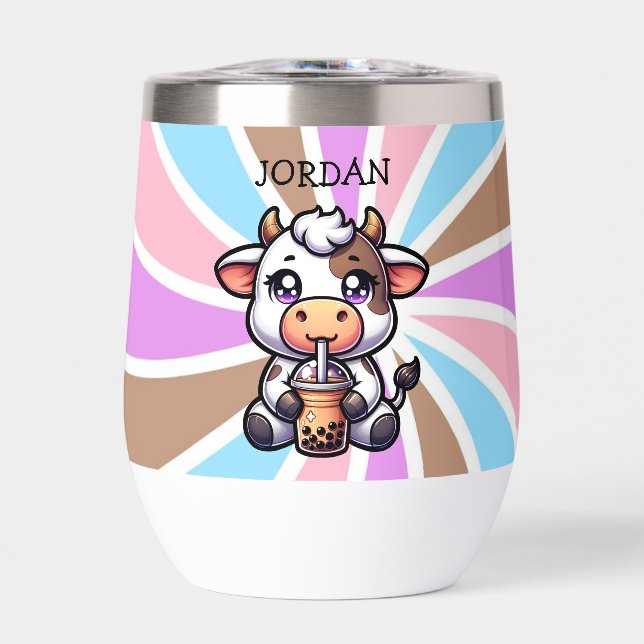 Niedliches Baby Cow trinken Boba Kawaii Cartoon (Vorderseite)
