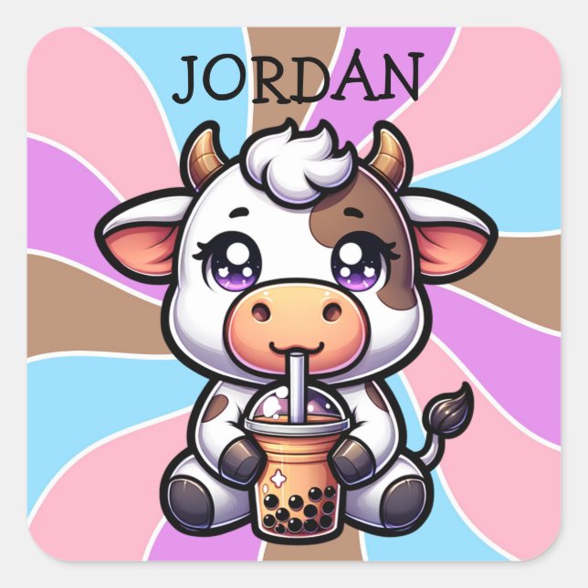 Niedliches Baby Cow trinken Boba Kawaii Cartoon Quadratischer Aufkleber (Vorderseite)