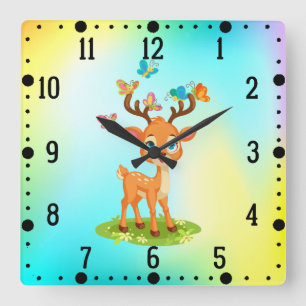 Niedliches Baby Deer Playing mit Butterfles-23475 Quadratische Wanduhr