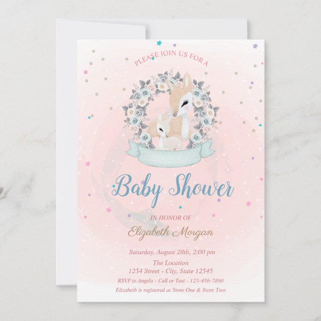 Niedliches Baby Deer, Stars Blue Rose Babydusche Einladung (Vorderseite)