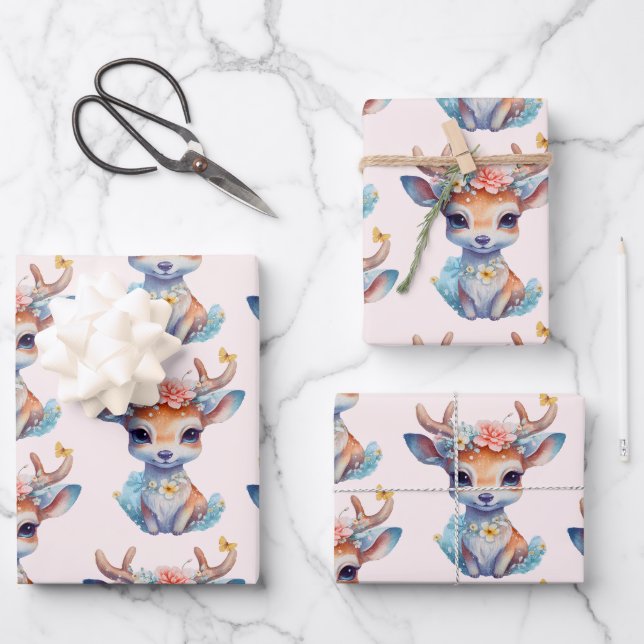 Niedliches Baby-Deh mit Antler- und Blume-Muster Geschenkpapier Set (Vorderseite)