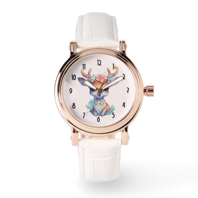 Niedliches Baby Deh mit Antlern und Blume Armbanduhr (Vorderseite)