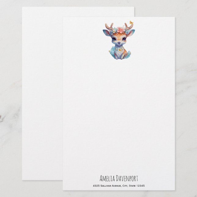 Niedliches Baby Deh mit Antlern und Blume Briefpapier (Vorne/Hinten)
