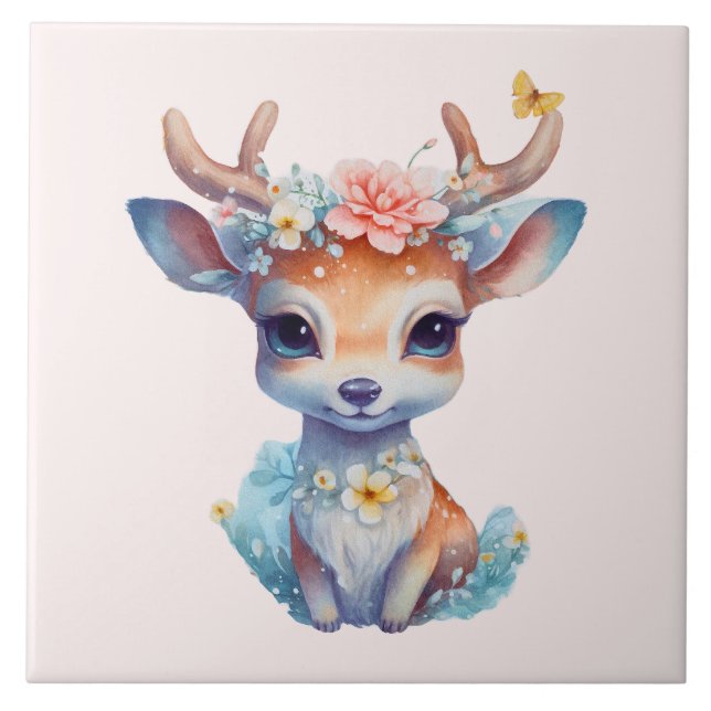 Niedliches Baby Deh mit Antlern und Blume Fliese (Vorderseite)