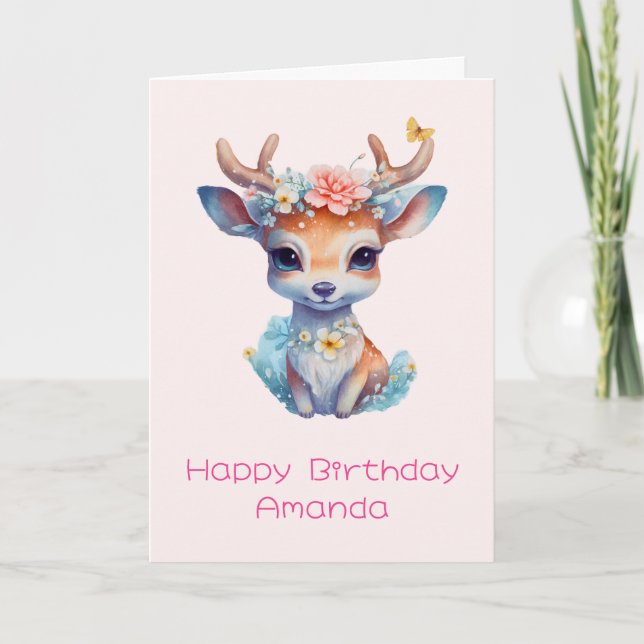 Niedliches Baby Deh mit Antlern und Blume Geburtst Karte (Vorderseite)