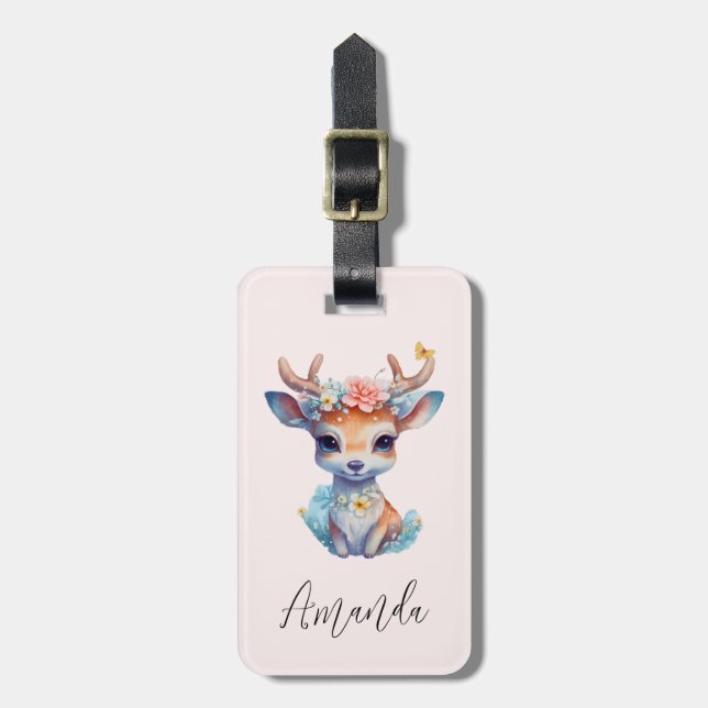 Niedliches Baby Deh mit Antlern und Blume Gepäckanhänger (Vorderseite vertikal)