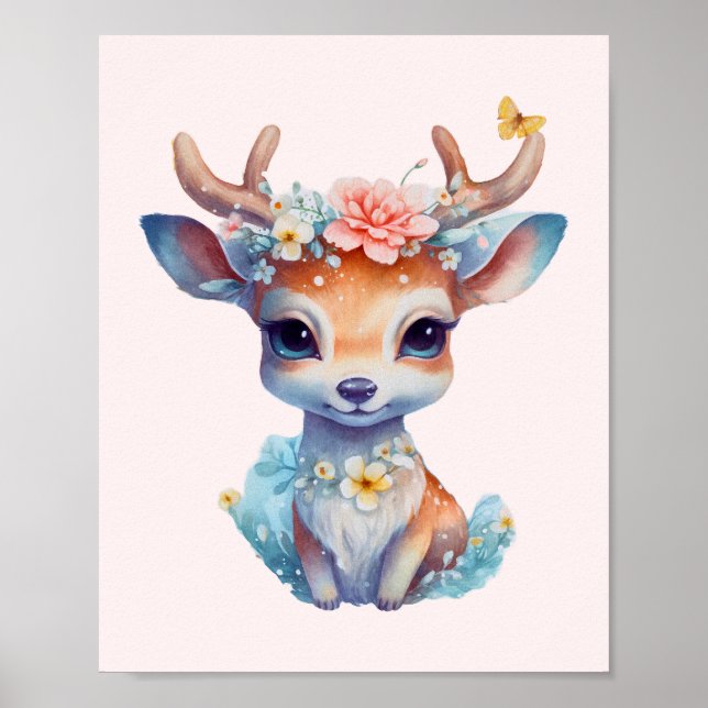 Niedliches Baby Deh mit Antlern und Blume Poster (Vorne)