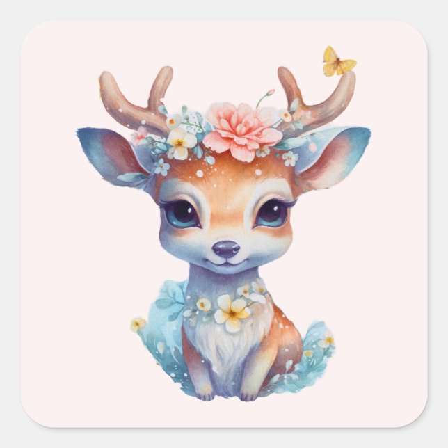 Niedliches Baby Deh mit Antlern und Blume Quadratischer Aufkleber (Vorderseite)