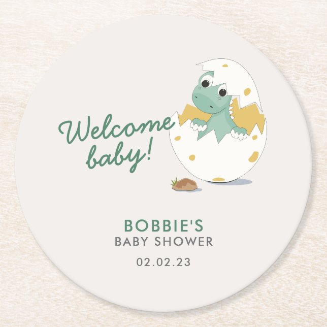 Niedliches Baby Dino in Egg Babydusche Begrüßungs- Runder Pappuntersetzer (Vorderseite)