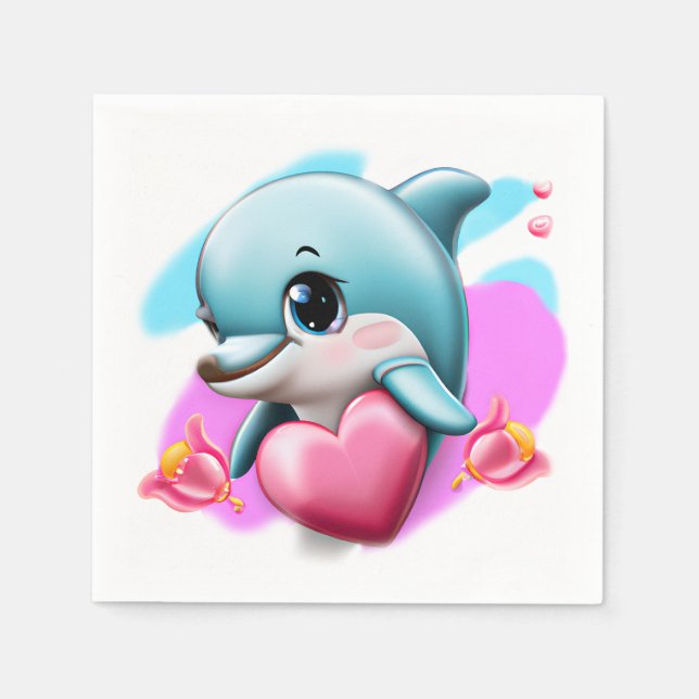 Niedliches Baby-Dolphin mit Valentiner Herz Serviette (Vorderseite)
