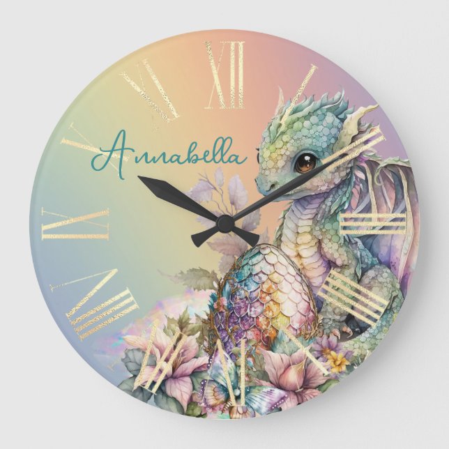 Niedliches Baby Dragon Ei auf Regenbogen Große Wanduhr (Vorderseite)