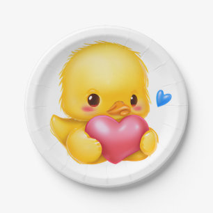 Niedliches Baby-Duckling mit rosafarbenem Valentin Pappteller