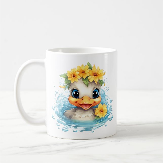 Niedliches Baby Ducklings Spaß Tiere Blume Kaffeetasse (Links)