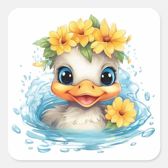 Niedliches Baby Ducklings Spaß Tiere Blume Quadratischer Aufkleber (Vorderseite)