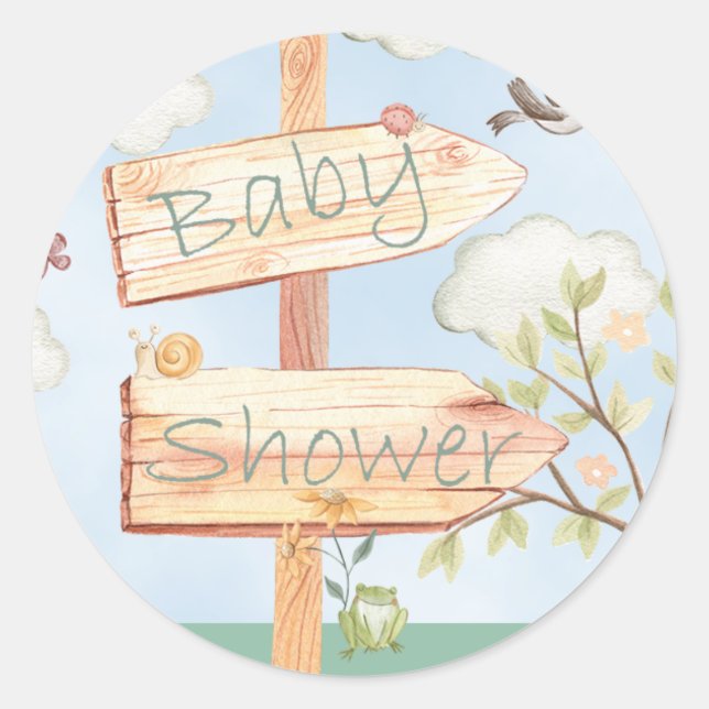 Niedliches Baby Dusche Holzschild & Tiere Runder Aufkleber (Vorderseite)