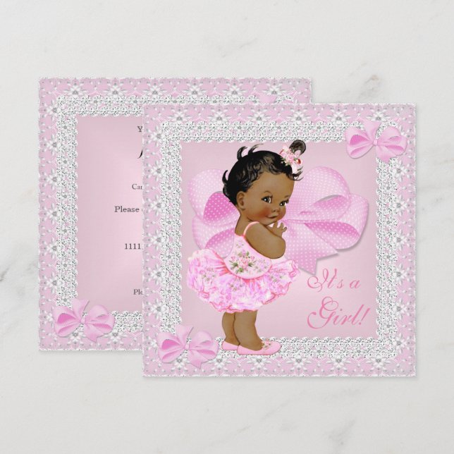 Niedliches Baby Duschmädchen Hübsch Pink Tutu Ethn Einladung (Vorne/Hinten)