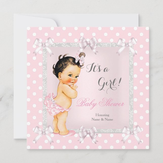 Niedliches Baby Duschmädchen Pink Grau Brünett Einladung (Vorderseite)
