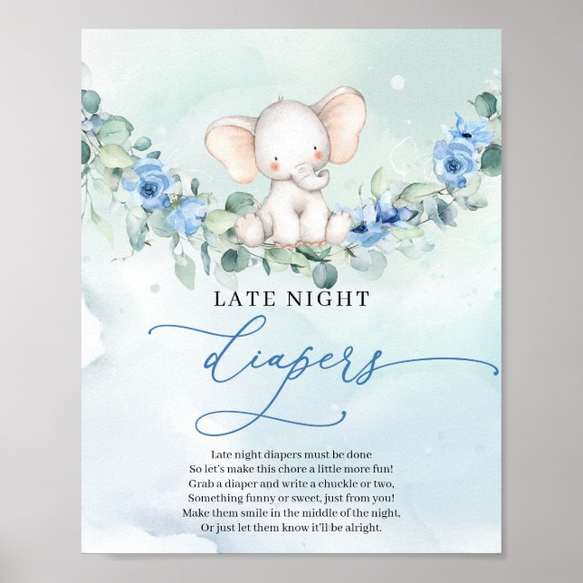 Niedliches Baby Elefant Blue Late Night Diapers Ga Poster (Vorne)