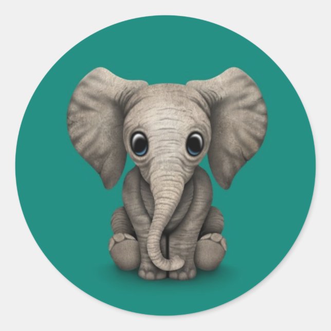 Niedliches Baby Elefant Calf sitzend, Aquamarin bl Runder Aufkleber (Vorderseite)