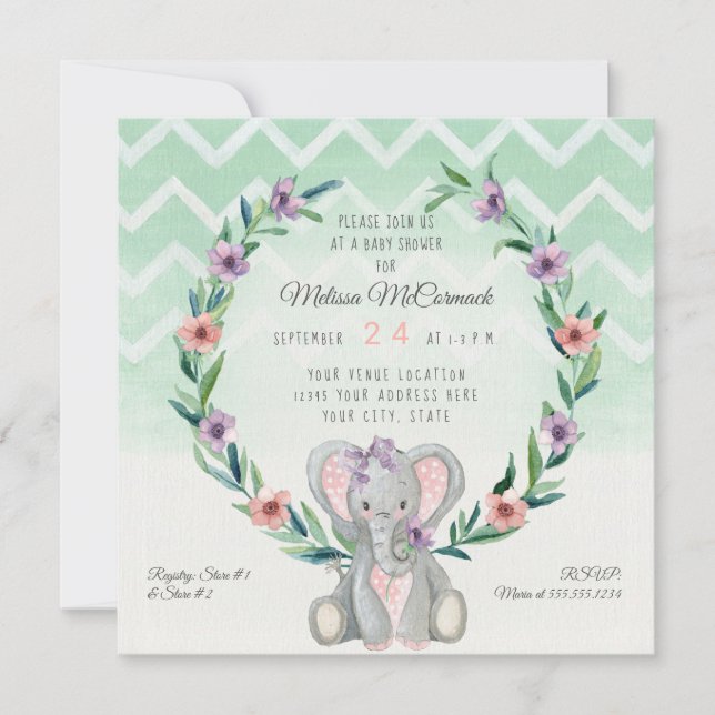 Niedliches Baby Elephant Blumenmuster Zickzack Mus Einladung (Vorderseite)