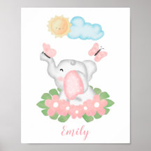 Niedliches Baby Elephant mit rosa Blume Poster