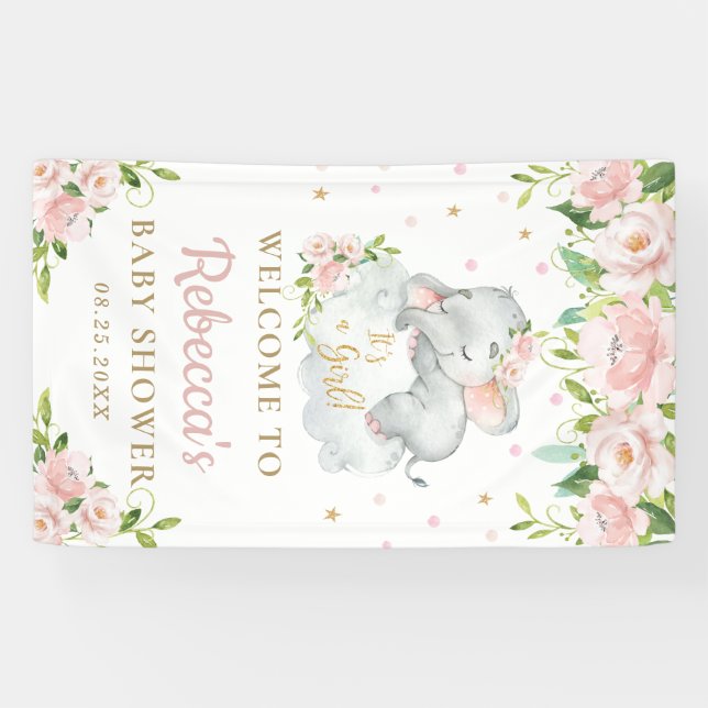 Niedliches Baby Elephant Rosa Flora Hintergrund Wi Banner (Horizontal)