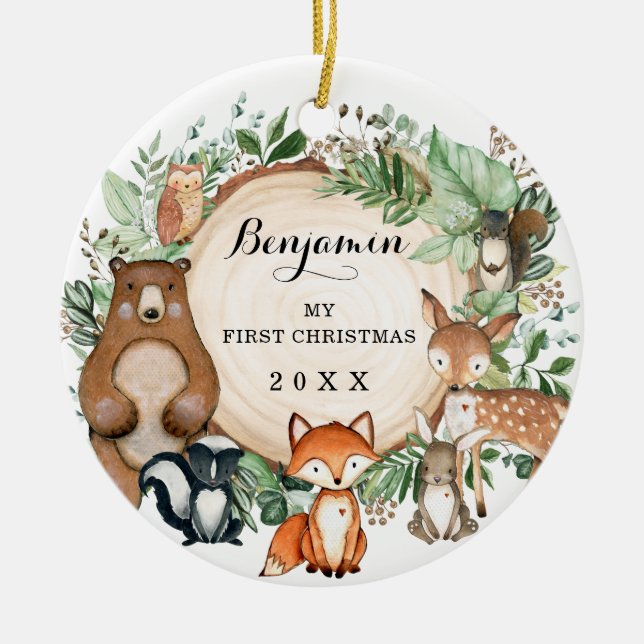 Niedliches Baby Erste Weihnachtswaldtiere Keramik Ornament (Vorne)
