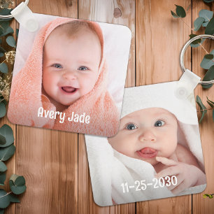 Niedliches Baby Foto Personalisiert Name & Geburts Schlüsselanhänger