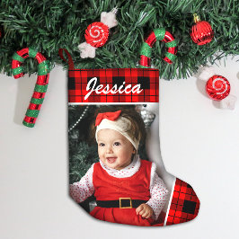 Niedliches Baby-Foto und Name Kariert Kleiner Weihnachtsstrumpf