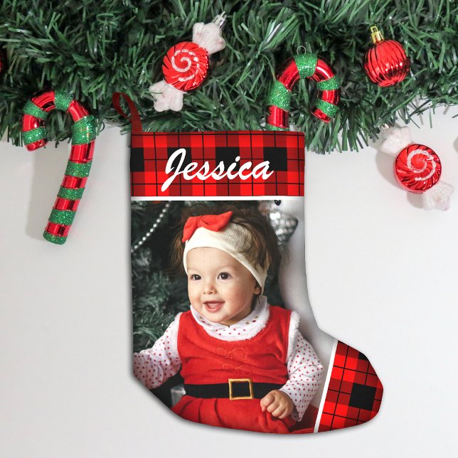 Niedliches Baby-Foto und Name Kariert Kleiner Weihnachtsstrumpf (Von Creator hochgeladen)